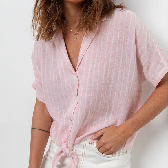 Rails Marley peach stripe button down tie front linen blend shirt Size Small - Picture 1 of 7